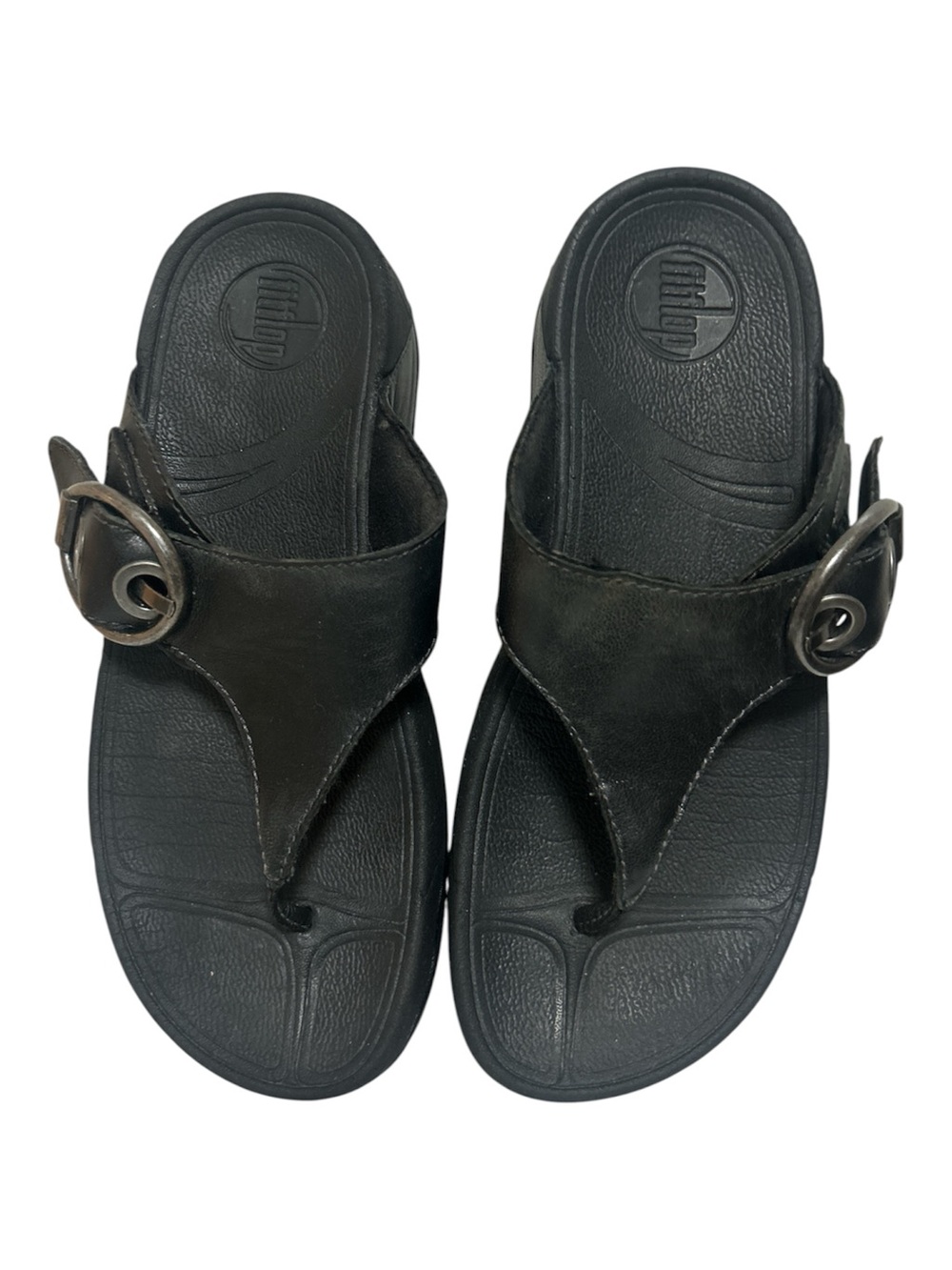 FitFlop Hooper Women’s Adjustable Black Leather Thong Sandal SN# 125-001 Size 7
